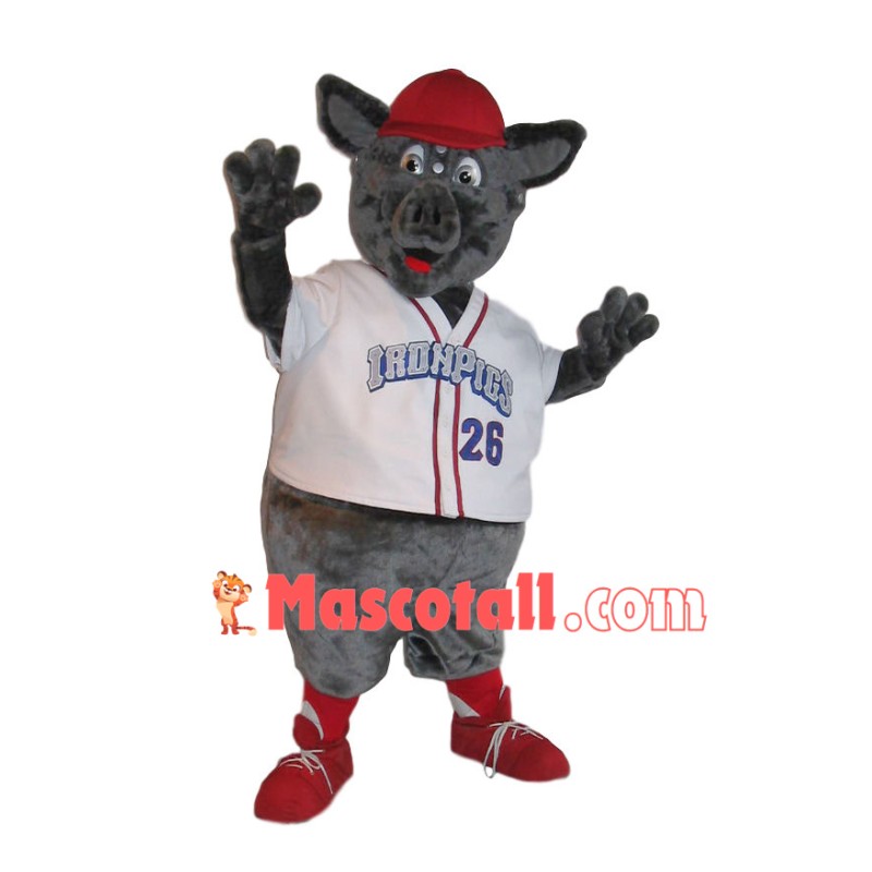 Grey Boy Pig In The Red Cap Mascot Costume