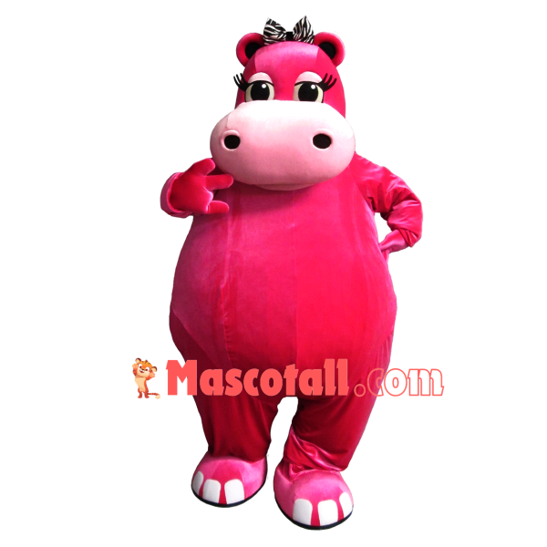 Pretty Bright Pink Hippo With Hair Band Mascot Costume