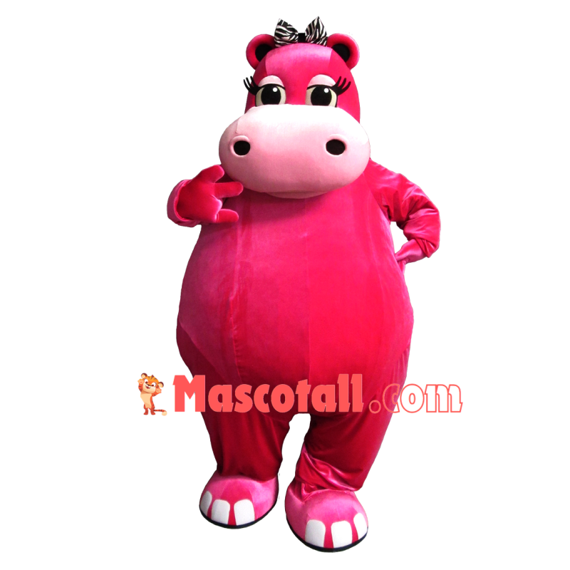 Pretty Bright Pink Hippo With Hair Band Mascot Costume