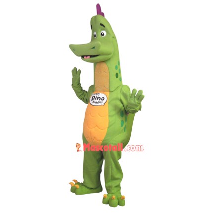 Adventurous Green Dinosaur Mascot Cartoon Costume