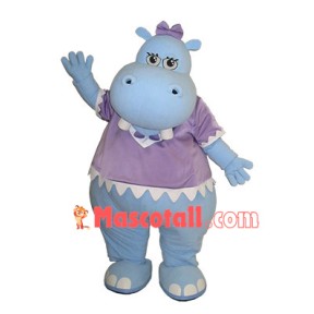 Shy Light Blue Hippo With Lace Shirt Mascot Costume