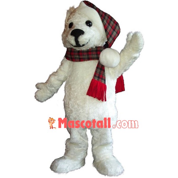 Polar Bear Wrapped In Plaid Scarf Mascot Costume