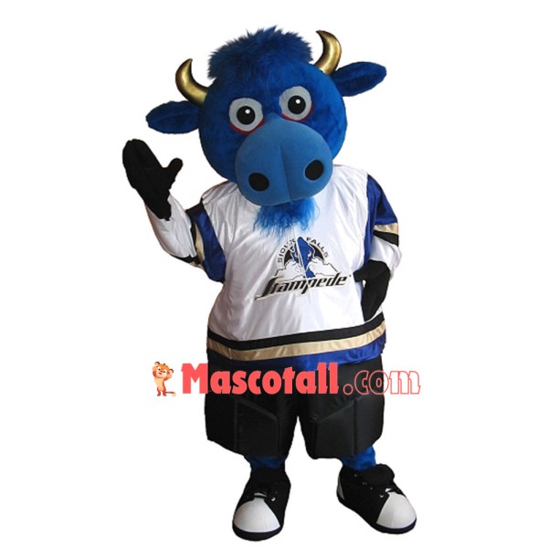 Genial Blue Bull With Golden Horns Mascot Costume