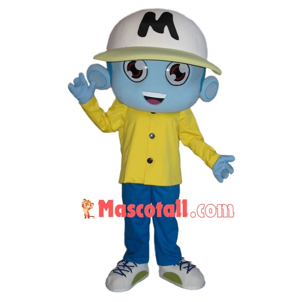 Blue Skin Boy With Student Hat Mascot Costume