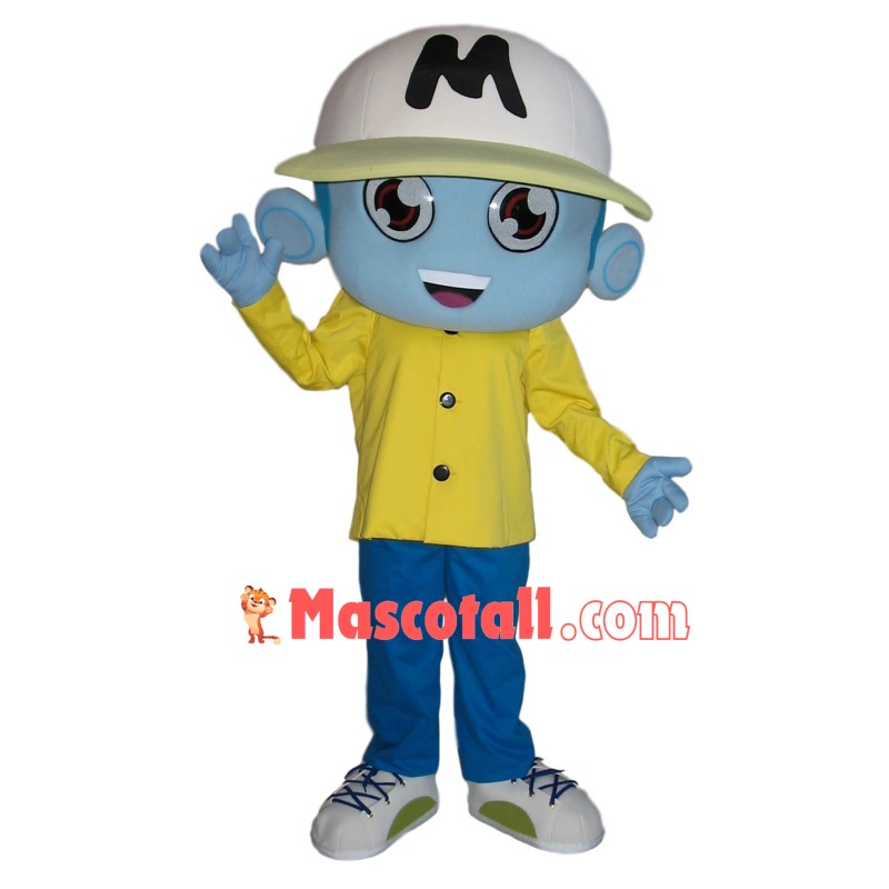 Blue Skin Boy With Student Hat Mascot Costume