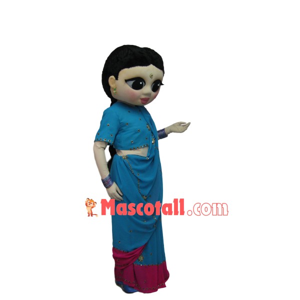 Indian Girl In Blue Traditional Long Dress Mascot Costume