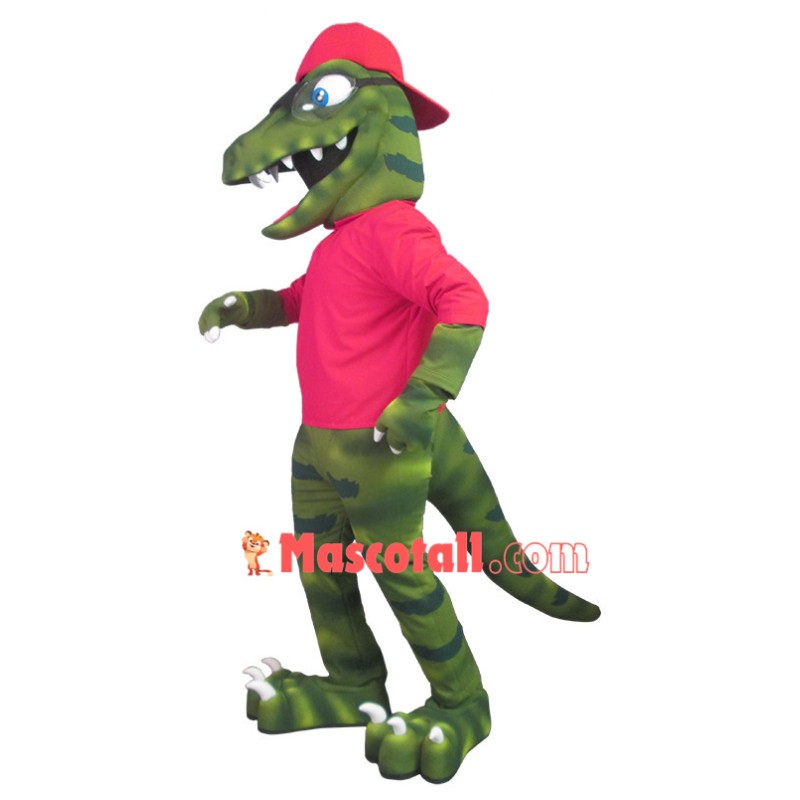 Green Dinosaur With Red Baseball Cap Mascot Costume