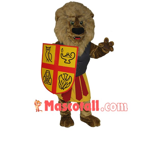 Muscular Lion Warrior Holding Shield Mascot Costume