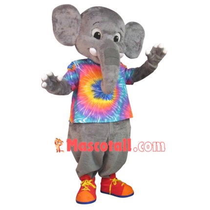 Little Gray Elephant In The Colored Shirt Mascot Costume