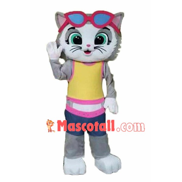 Casual Gray Cat With Glasses Mascot Costume