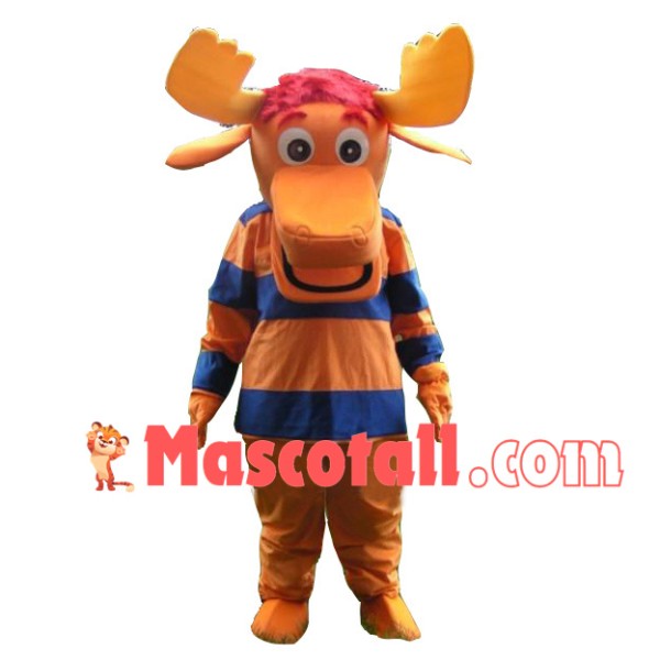 Orange Moose Wearing Striped Shirt Mascot Costume