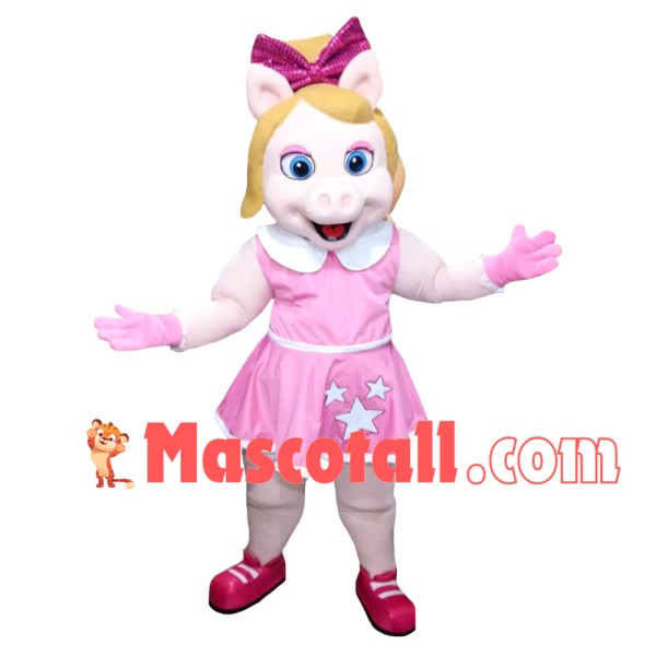 Pig Sister With Pink Princess Dress Mascot Costume