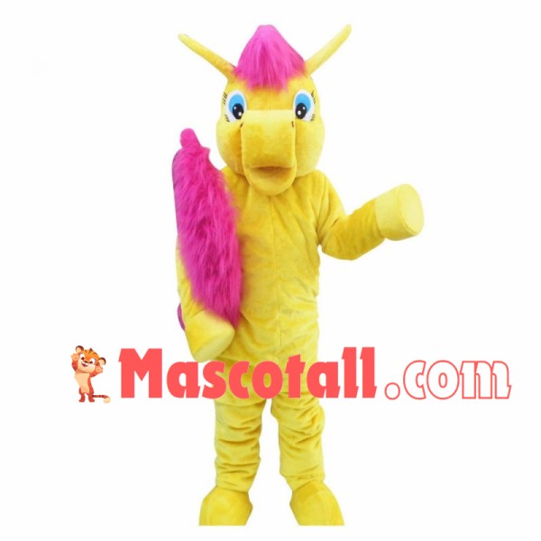 Bright Yellow Horse With Long Tail Mascot Costume