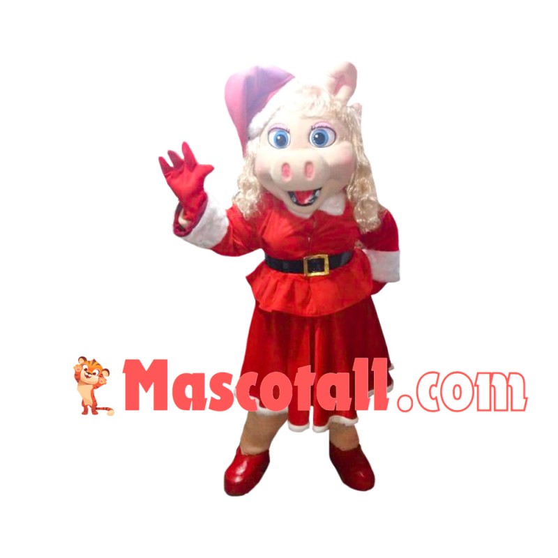 Silver-haired Mother Pig In Christmas Dress Mascot Costume