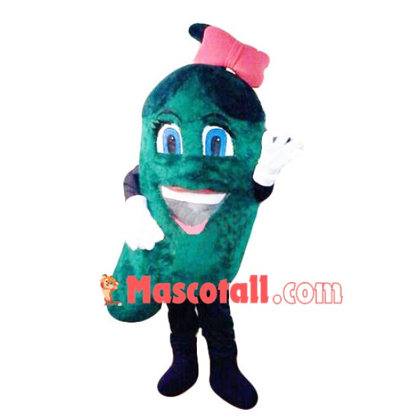 Green Eggplant With Bow Mascot Cartoon Costume