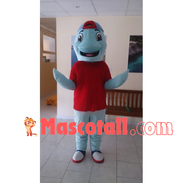Sky Blue Dolphin In The Shirt Mascot Costume
