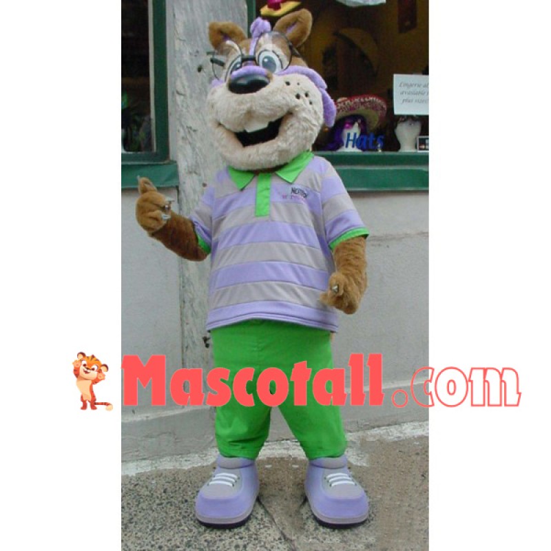 Academic Squirrel In Light Purple Polo Shirt Mascot Costume