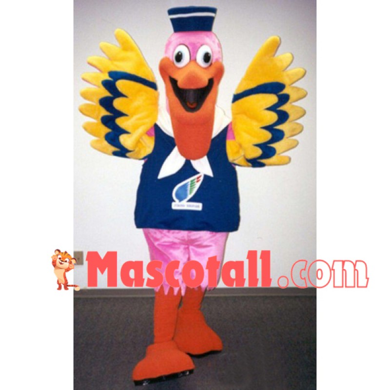 Bright Pink Bird In The Sailor Vest Mascot Costume