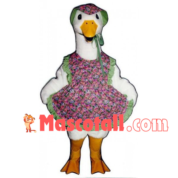Big White Goose Wearing Flower Apron Mascot Costume