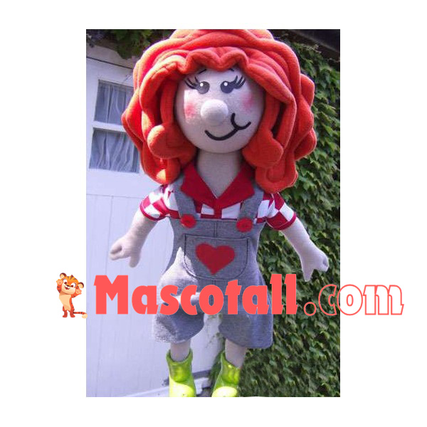 Cute Red-haired Girl Doll In Overalls Mascot Costume