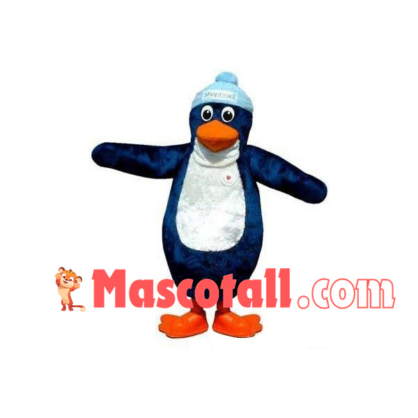 Penguin In Light Blue Knitted Hat Mascot Costume