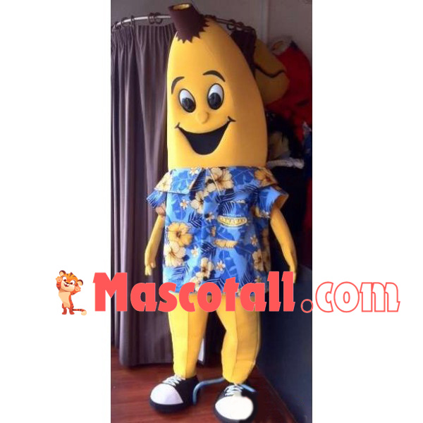 Cartoon Banana With Blue Flower Shirt Mascot Costume