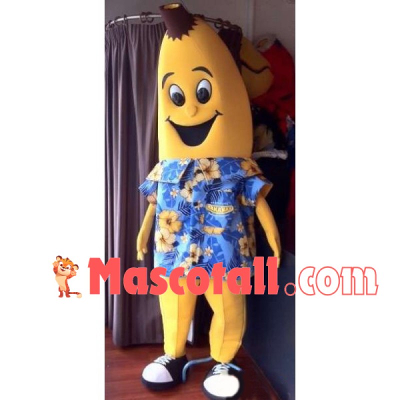 Cartoon Banana With Blue Flower Shirt Mascot Costume