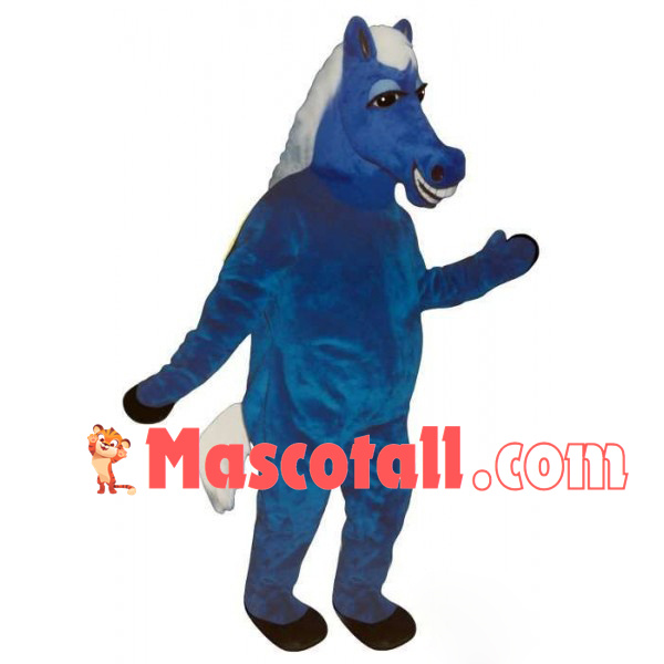 Pleased Blue Horse With White Tail Mascot Costume
