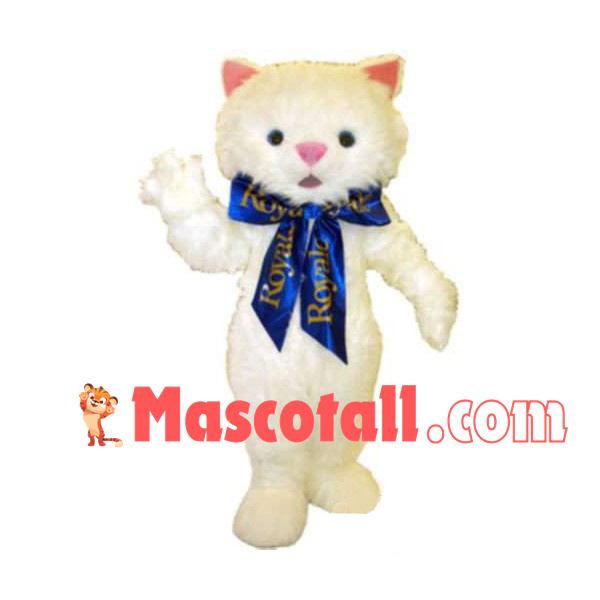 White Cat With Blue Gift Ribbon Mascot Costume