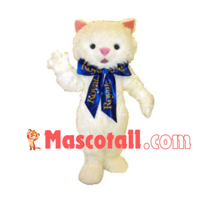 White Cat With Blue Gift Ribbon Mascot Costume