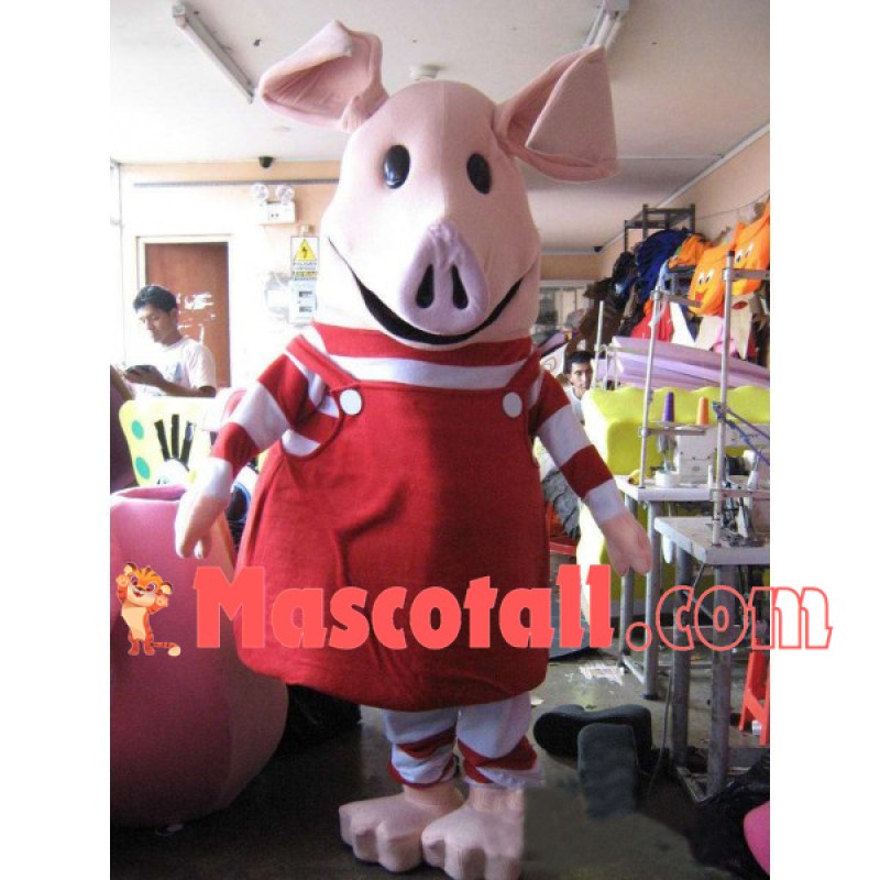 Adult Pink Pig In The Striped Shirt Mascot Costume