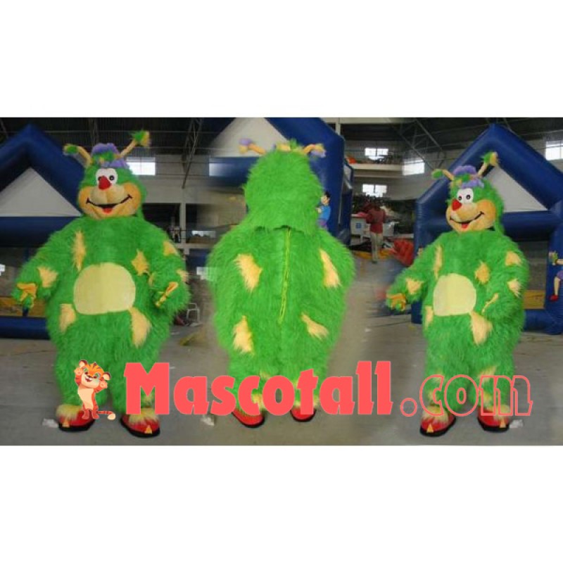 Green Hairy Monster With Long Antennas Mascot Costume