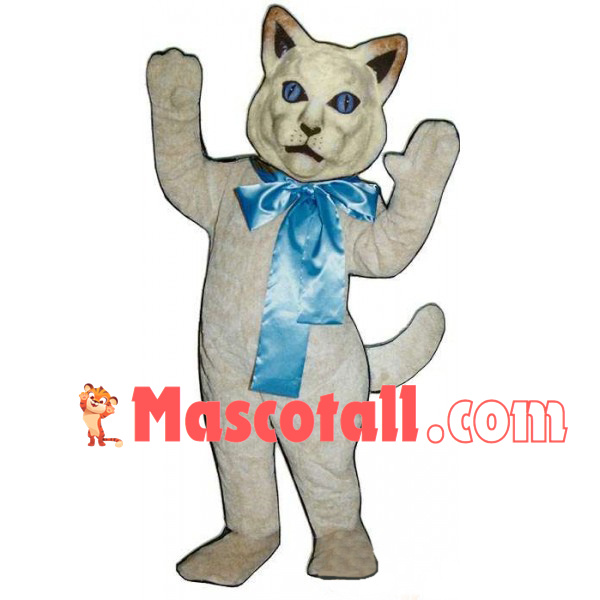 White Cat With Blue Ribbon Mascot Costume