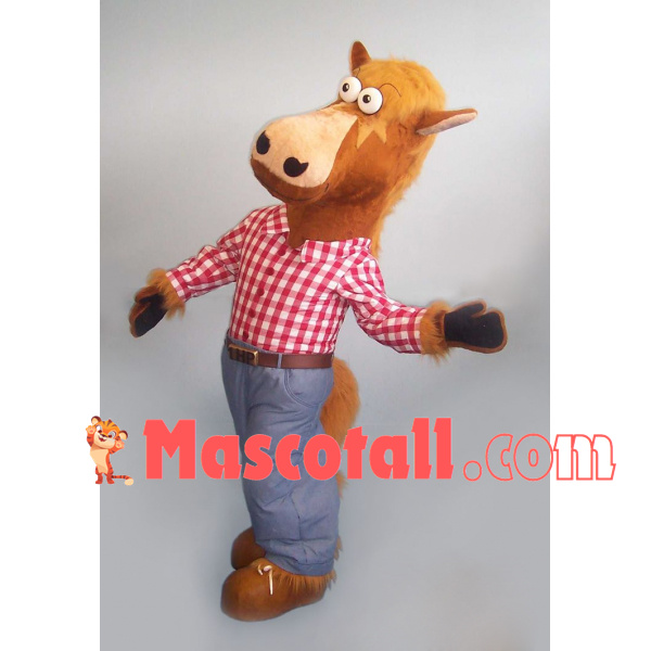 Casual Horse In Red Plaid Shirt Mascot Costume