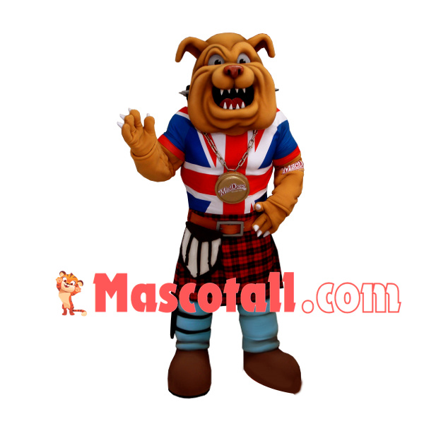 Muscular Brown Bulldog With Bronze Medal Mascot Costume