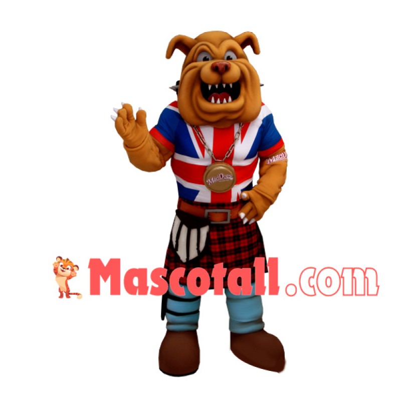 Muscular Brown Bulldog With Bronze Medal Mascot Costume