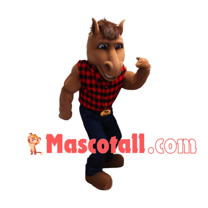 Muscular Horse In Red Plaid Vest Mascot Costume