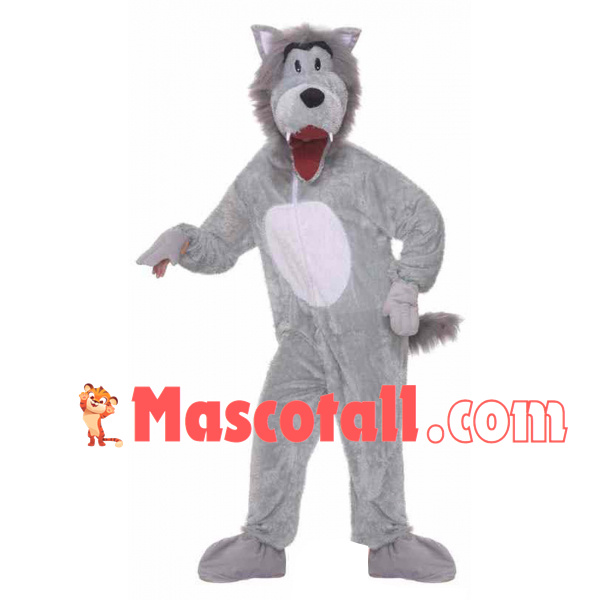 Thin Gray Wolf With Open Mouth Mascot Costume