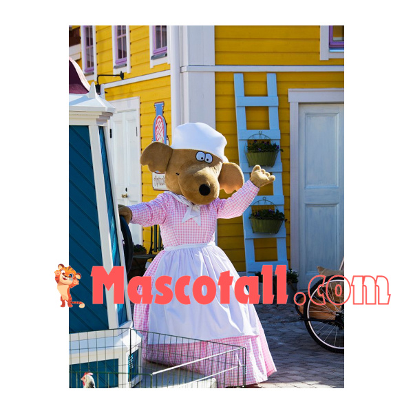 Maid Dog In Pink Plaid Dress Mascot Costume
