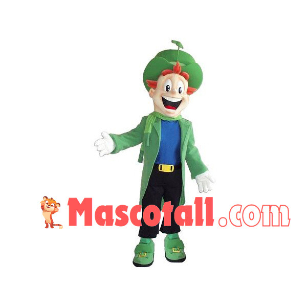 Cheerful Man Wearing Green Windbreaker Mascot Costume