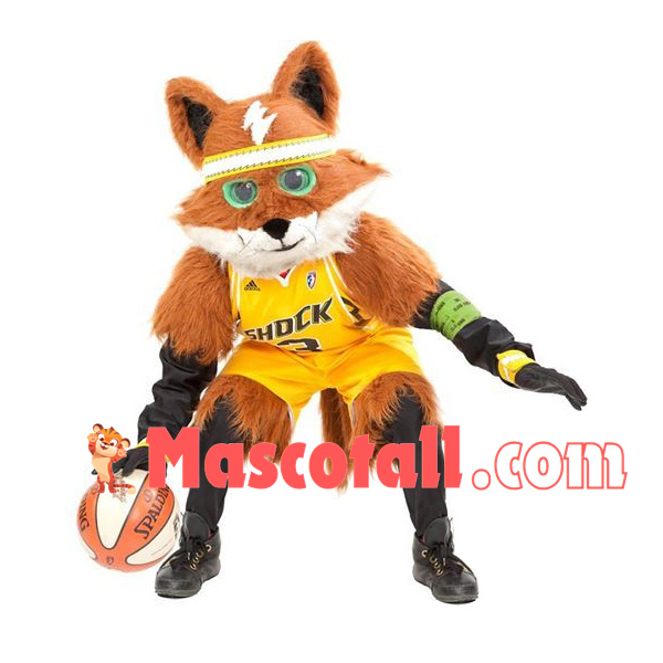 Green-eyed Thunder Fox Playing Basketball Mascot Costume