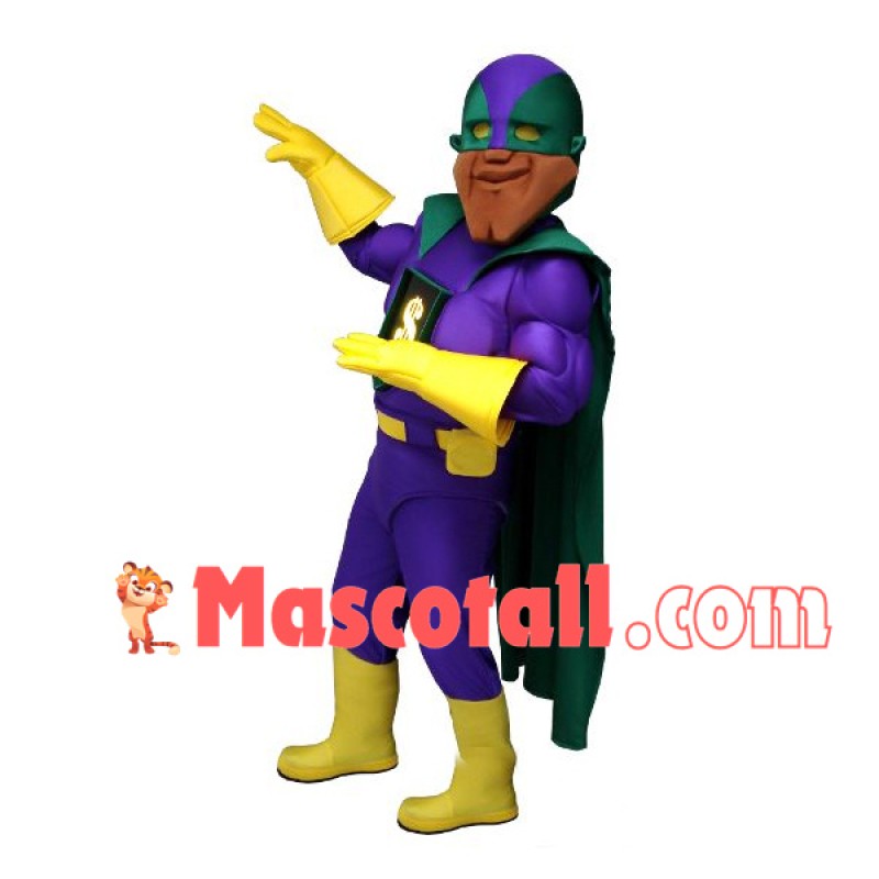 Purple Superhero With Dollar Badge Mascot Costume
