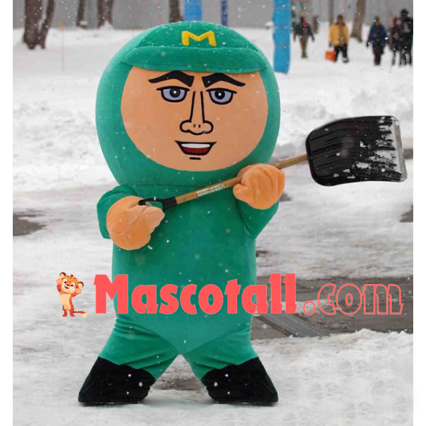 Warm Green Doll Holding the Snow Shovel Mascot Costume