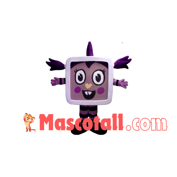 Square Head Doll With Purple Pigtails Mascot Costume