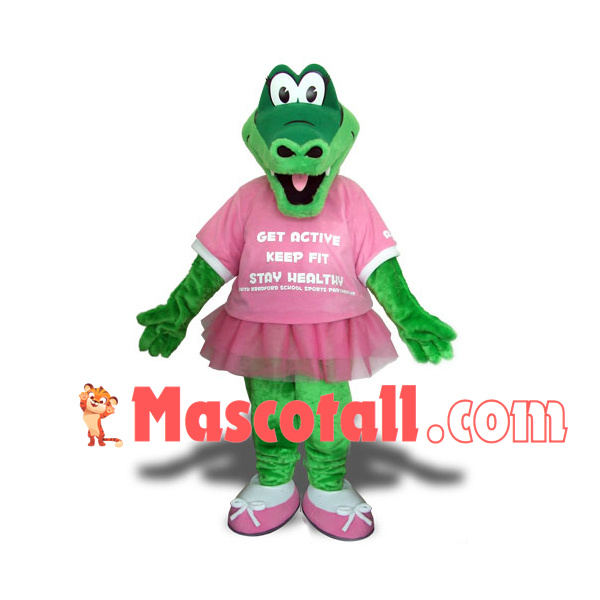 Slim Crocodile Wearing Dress of Gym Mascot Costume
