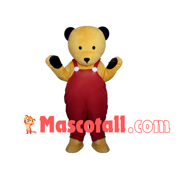 Palm Bear In Red Overalls Mascot Costume