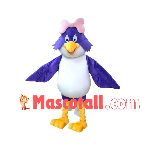 Lively Purple Bird With Pink Bow Mascot Costume
