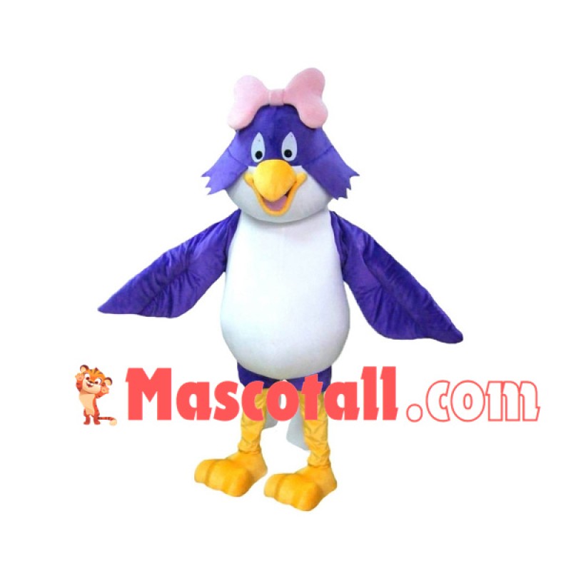 Lively Purple Bird With Pink Bow Mascot Costume