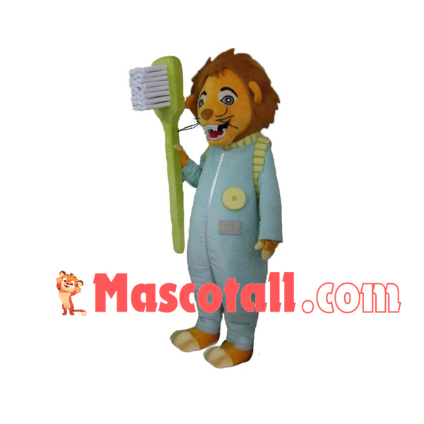 Cleaner Lion Holding Brush Mascot Costume
