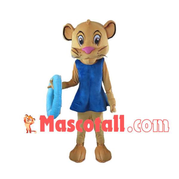 Slim Lion Wearing Blue Swimsuit Mascot Costume